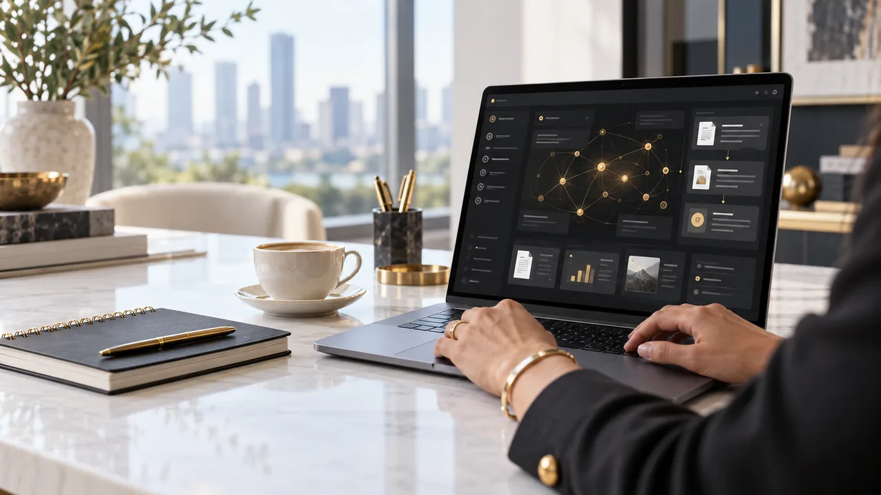 Illustrative business workspace with an AI workflow interface on a laptop