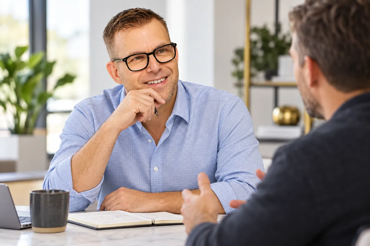 Illustrative scene of Jay Grosman coaching a business owner one on one