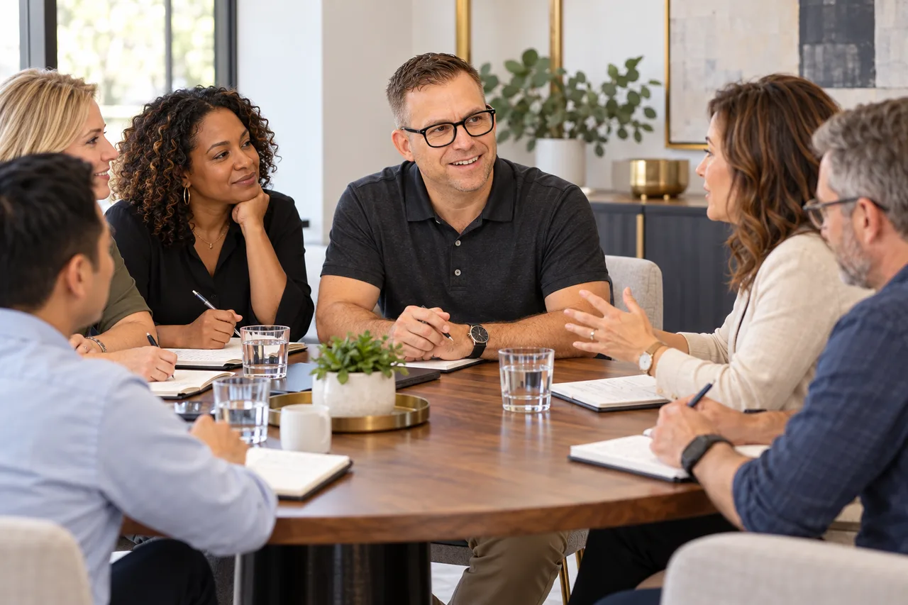 Illustrative scene of Jay Grosman and business owners discussing their businesses around a round table