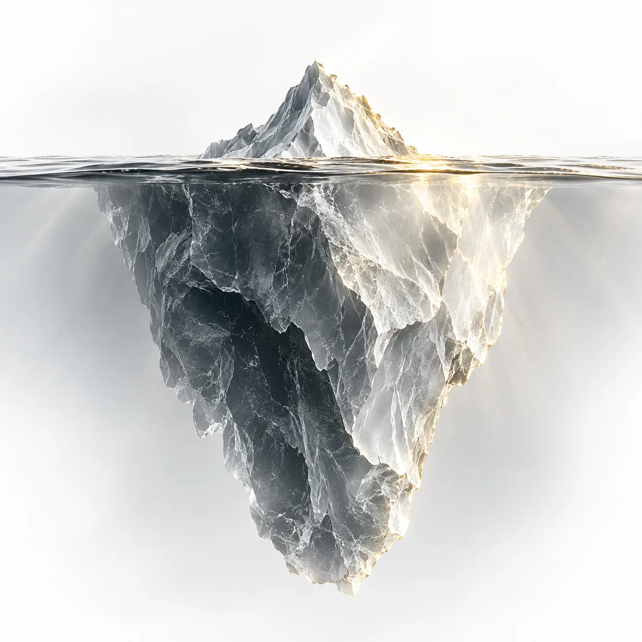 A small iceberg tip above the water with a much larger mass beneath, representing visible symptoms and their hidden root causes.