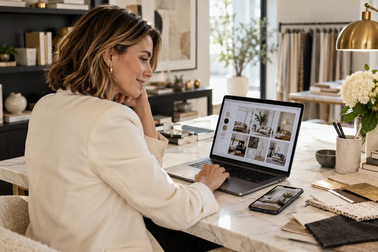 Illustrative scene of a business owner reviewing social content in her bright design studio
